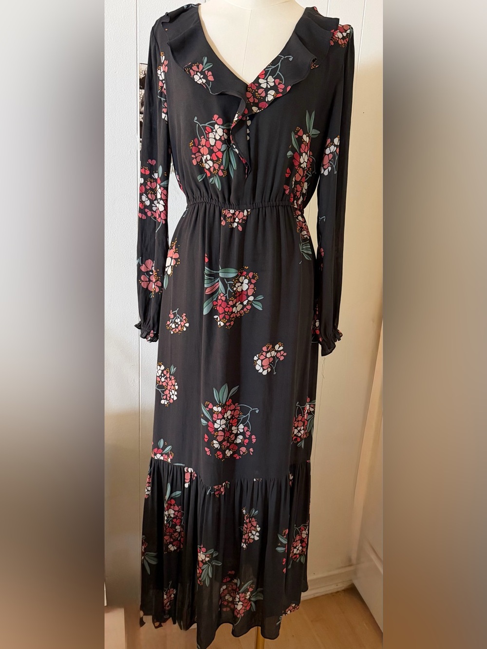 LOFT Charcoal gray Maxi Dress with Pink & Green Floral Print
